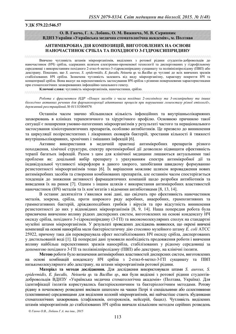 АНТИМІКРОБНА ДІЯ КОМПОЗИЦІЙ, ВИГОТОВЛЕНИХ НА ОСНОВІ НАНОЧАСТИНОК СРІБЛА ТА ПОХІДНОГО 3-ГІДРОКСИПІРИД