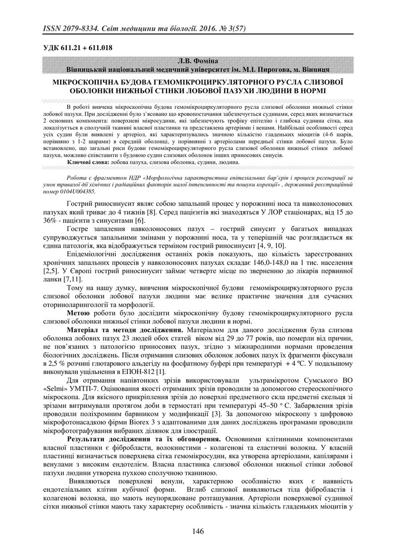 МІКРОСКОПІЧНА БУДОВА ГЕМОМІКРОЦИРКУЛЯТОРНОГО РУСЛА СЛИЗОВОЇ ОБОЛОНКИ НИЖНЬОЇ СТІНКИ ЛОБОВОЇ ПАЗУХИ Л
