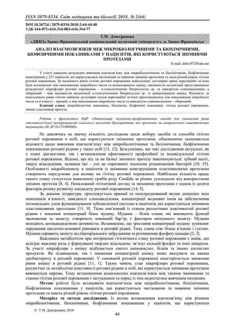 АНАЛІЗ ВЗАЄМОЗВ’ЯЗКІВ МІЖ МІКРОБІОЛОГІЧНИМИ ТА БІОХІМІЧНИМИ, БІОФІЗИЧНИМИ ПОКАЗНИКАМИ У ПАЦІЄНТІВ, Я