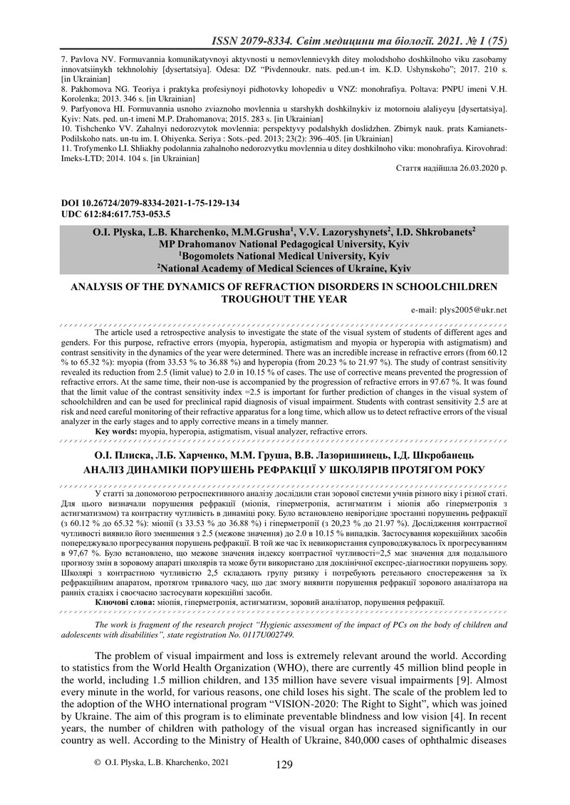 АНАЛІЗ ДИНАМІКИ ПОРУШЕНЬ РЕФРАКЦІЇ У ШКОЛЯРІВ ПРОТЯГОМ РОКУ