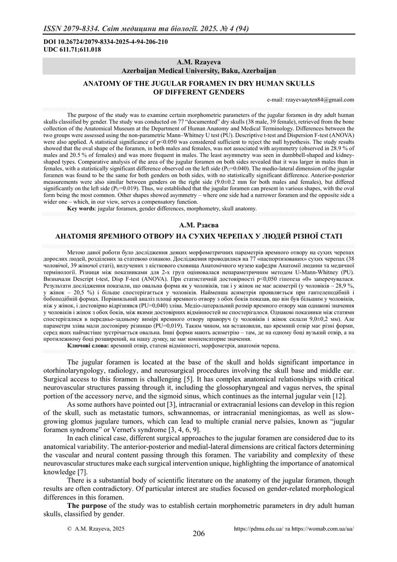 АНАТОМІЯ ЯРЕМНОГО ОТВОРУ НА СУХИХ ЧЕРЕПАХ У ЛЮДЕЙ РІЗНОЇ СТАТІ