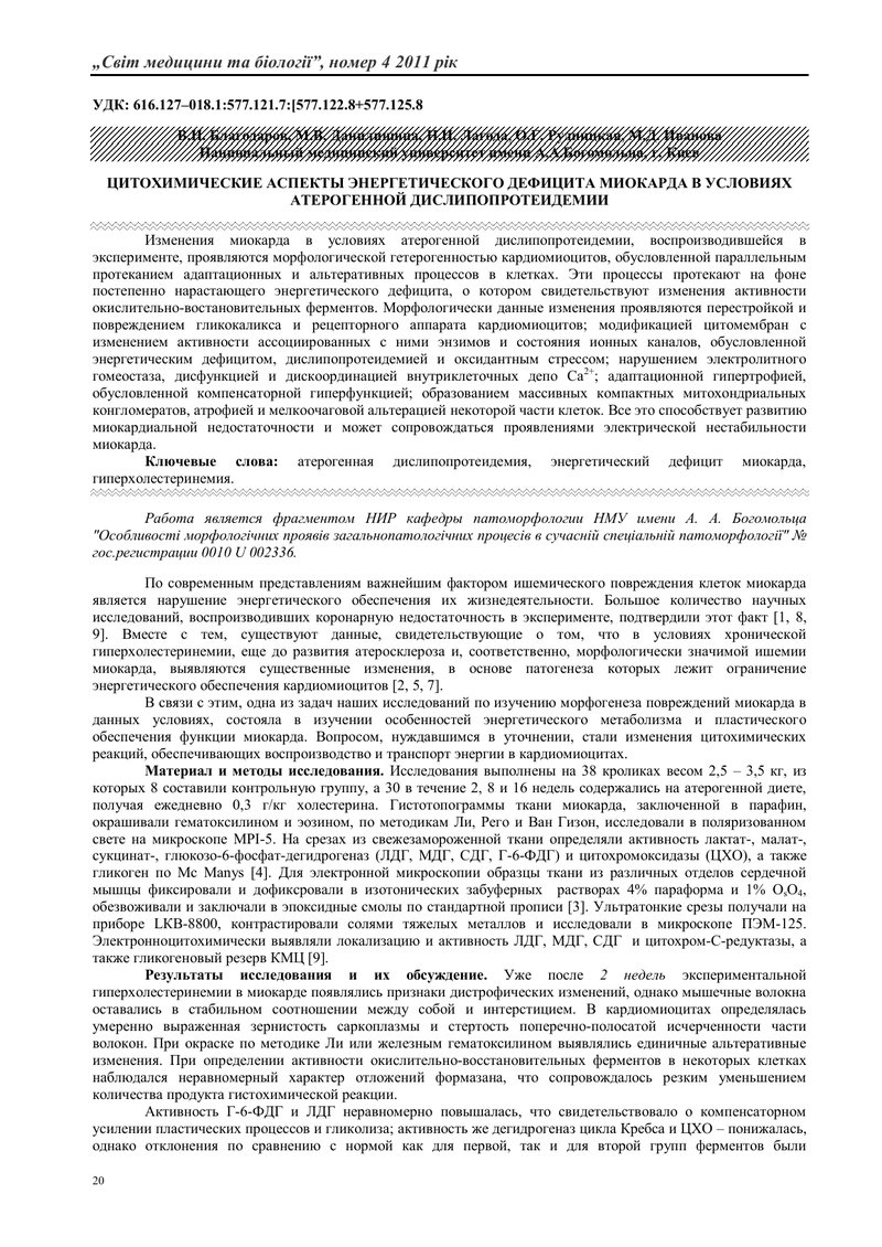 ЦИТОХІМІЧНІ АСПЕКТИ ЕНЕРГЕТИЧНОГО ДЕФІЦИТУ МІОКАРДА В УМОВАХ АТЕРОГЕННОЇ ДИСЛІПОПРОТЕЇДЕМІЇ