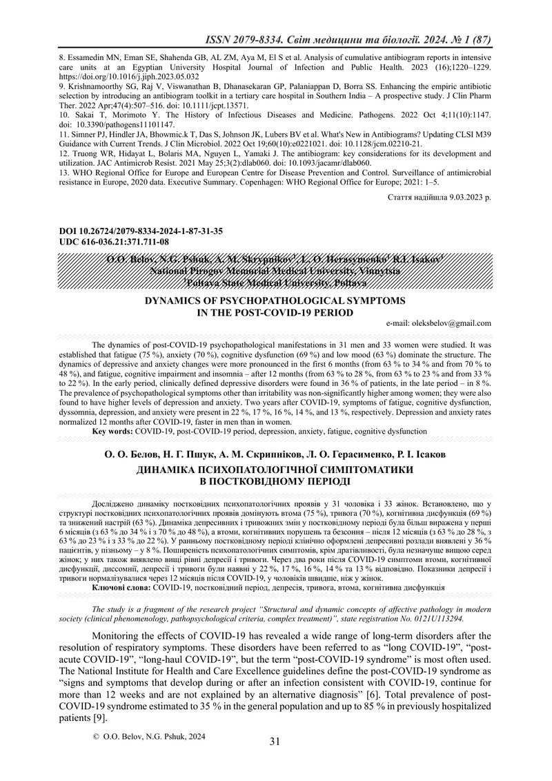 ДИНАМІКА ПСИХОПАТОЛОГІЧНОЇ СИМПТОМАТИКИ  В ПОСТКОВІДНОМУ ПЕРІОДІ