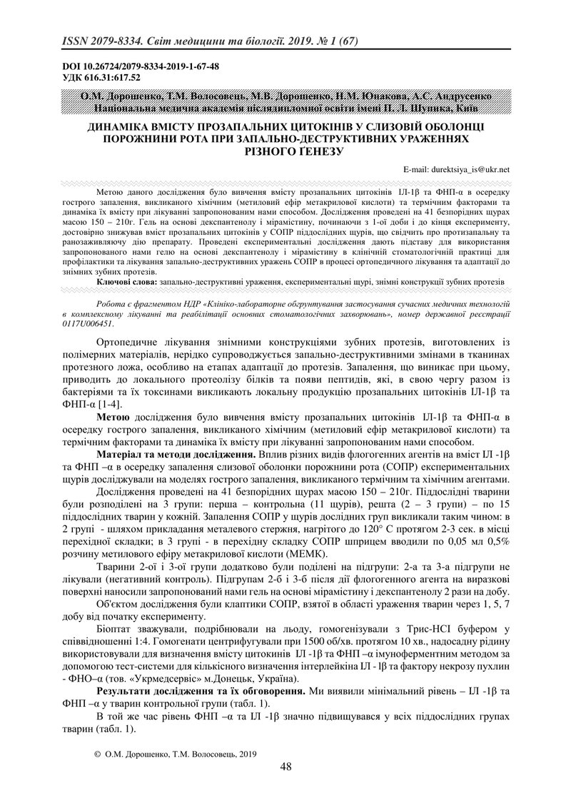 ДИНАМІКА ВМІСТУ ПРОЗАПАЛЬНИХ ЦИТОКІНІВ У СЛИЗОВІЙ ОБОЛОНЦІ ПОРОЖНИНИ РОТА ПРИ ЗАПАЛЬНО-ДЕСТРУКТИВНИХ
