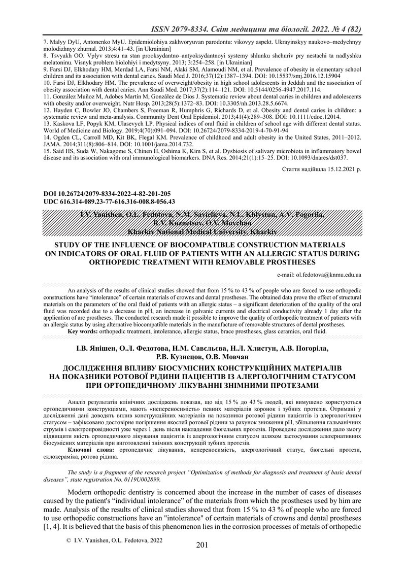 ДОСЛІДЖЕННЯ ВПЛИВУ БІОСУМІСНИХ КОНСТРУКЦІЙНИХ МАТЕРІАЛІВ НА ПОКАЗНИКИ РОТОВОЇ РІДИНИ ПАЦІЄНТІВ ІЗ АЛ