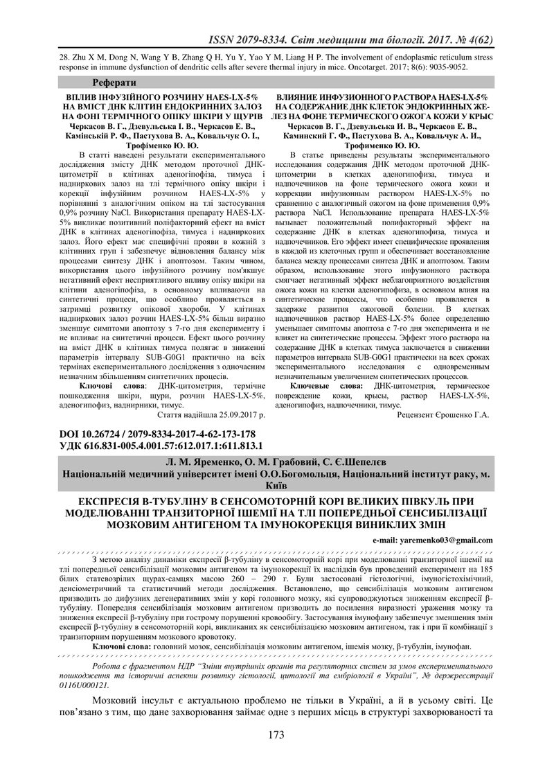 ЕКСПРЕСІЯ Β-ТУБУЛІНУ В СЕНСОМОТОРНІЙ КОРІ ВЕЛИКИХ ПІВКУЛЬ ПРИ МОДЕЛЮВАННІ ТРАНЗИТОРНОЇ ІШЕМІЇ НА ТЛІ