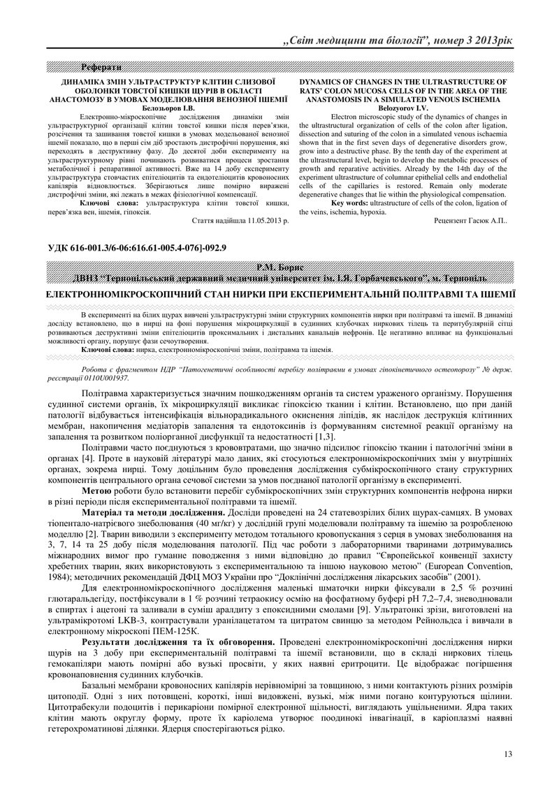 ЕЛЕКТРОННОМІКРОСКОПІЧНИЙ СТАН НИРКИ ПРИ ЕКСПЕРИМЕНТАЛЬНІЙ ПОЛІТРАВМІ ТА ІШЕМІЇ