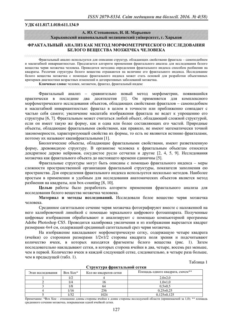 ФРАКТАЛЬНИЙ АНАЛІЗ ЯК МЕТОД МОРФОМЕТРИЧНОГО ДОСЛІДЖЕННЯ БІЛОЇ РЕЧОВИНИ МОЗОЧКА ЛЮДИНИ