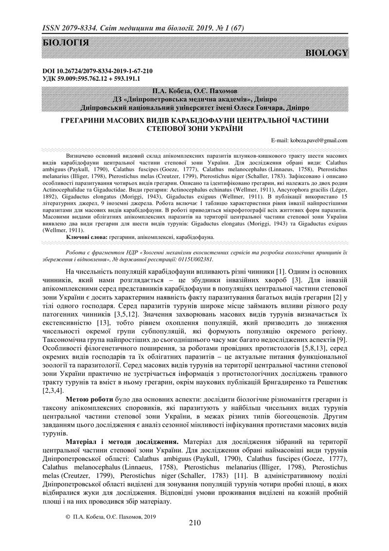 ГРЕГАРИНИ МАСОВИХ ВИДІВ КАРАБІДОФАУНИ ЦЕНТРАЛЬНОЇ ЧАСТИНИ СТЕПОВОЇ ЗОНИ УКРАЇНИ