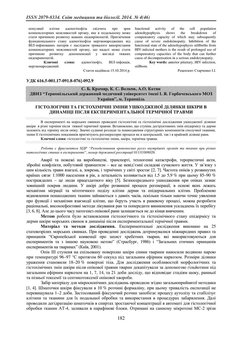 ГІСТОЛОГІЧНІ ТА ГІСТОХІМІЧНІ ЗМІНИ УШКОДЖЕНОЇ ДІЛЯНКИ ШКІРИ В ДИНАМІЦІ ПІСЛЯ ЕКСПЕРИМЕНТАЛЬНОЇ ТЕРМІ