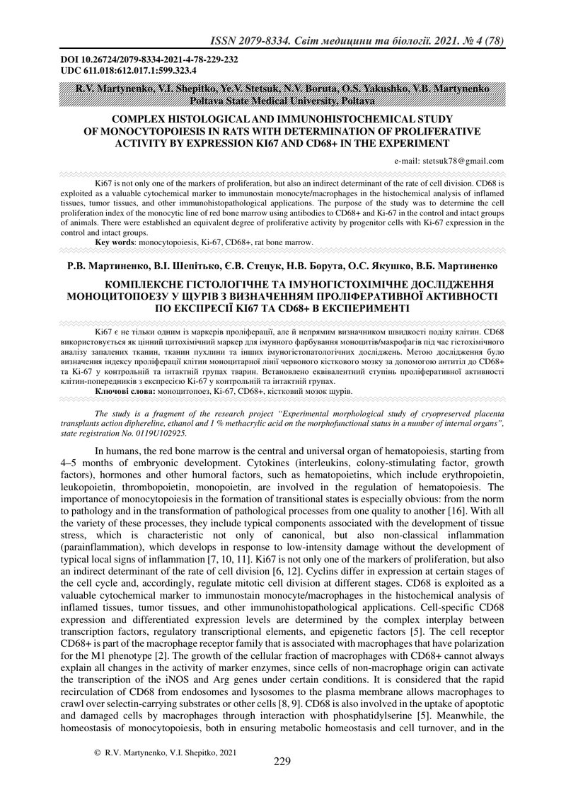 КОМПЛЕКСНЕ ГІСТОЛОГІЧНЕ ТА ІМУНОГІСТОХІМІЧНЕ ДОСЛІДЖЕННЯ МОНОЦИТОПОЕЗУ У ЩУРІВ З ВИЗНАЧЕННЯМ ПРОЛІФЕ