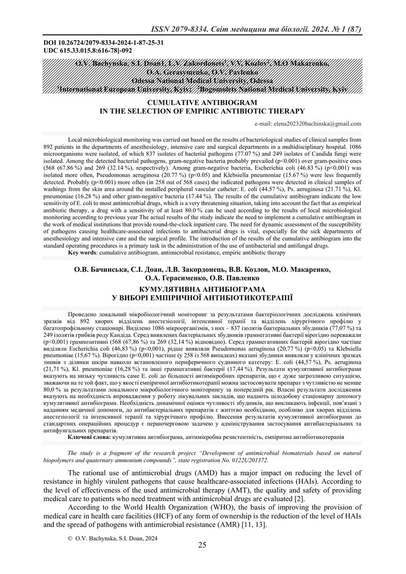 КУМУЛЯТИВНА АНТИБІОГРАМА  У ВИБОРІ ЕМПІРИЧНОЇ АНТИБІОТИКОТЕРАПІЇ