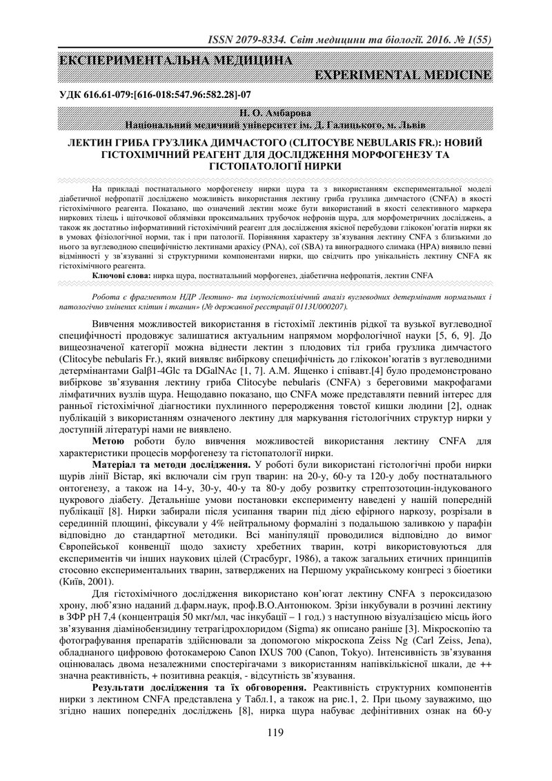 ЛЕКТИН ГРИБА ГРУЗЛИКА ДИМЧАСТОГО (CLITOCYBE NEBULARIS FR.): НОВИЙ ГІСТОХІМІЧНИЙ РЕАГЕНТ ДЛЯ ДОСЛІДЖЕ