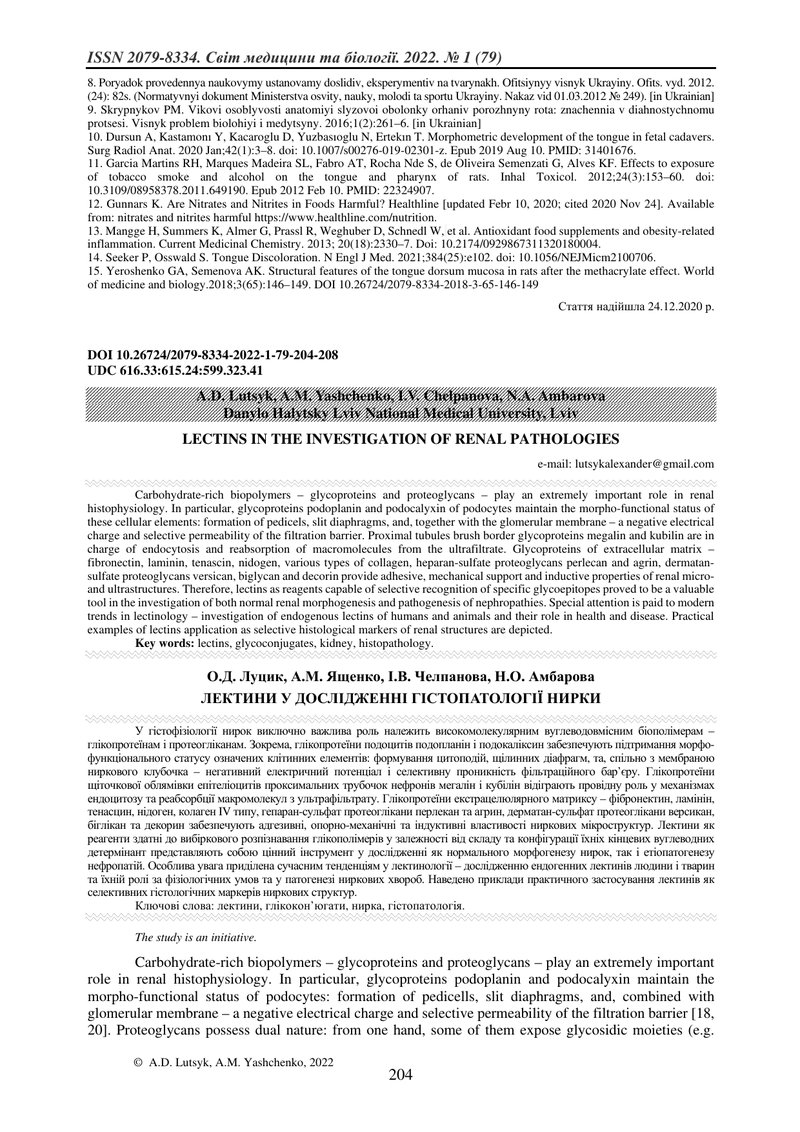 ЛЕКТИНИ У ДОСЛІДЖЕННІ ГІСТОПАТОЛОГІЇ НИРКИ