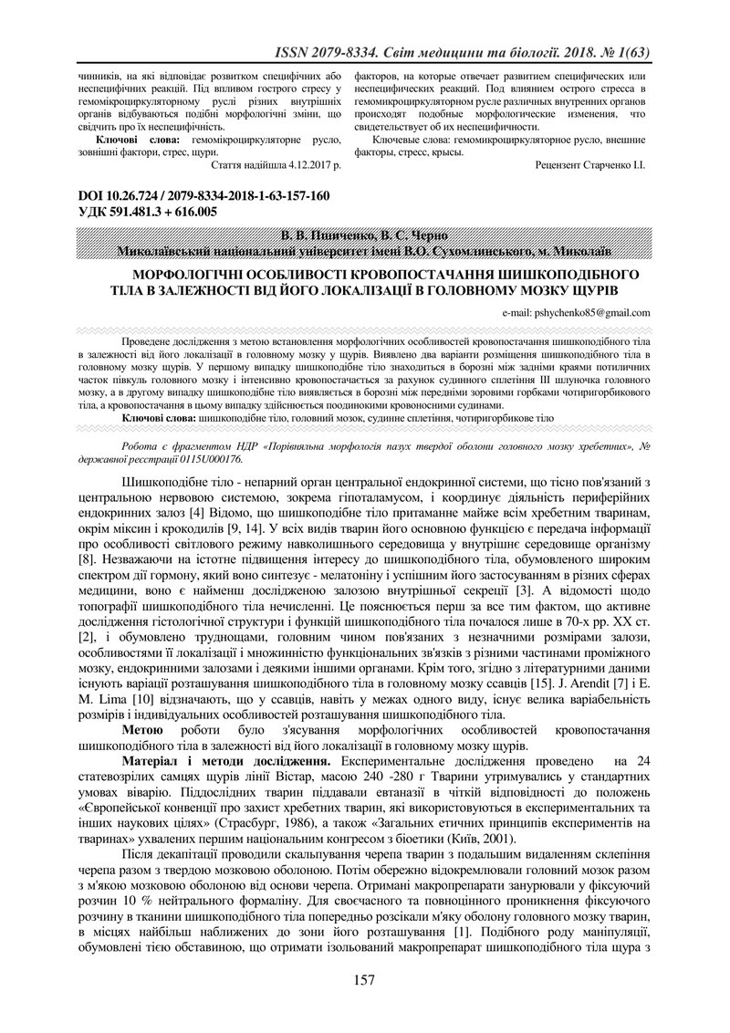 МОРФОЛОГІЧНІ ОСОБЛИВОСТІ КРОВОПОСТАЧАННЯ ШИШКОПОДІБНОГО ТІЛА В ЗАЛЕЖНОСТІ ВІД ЙОГО ЛОКАЛІЗАЦІЇ В ГОЛ