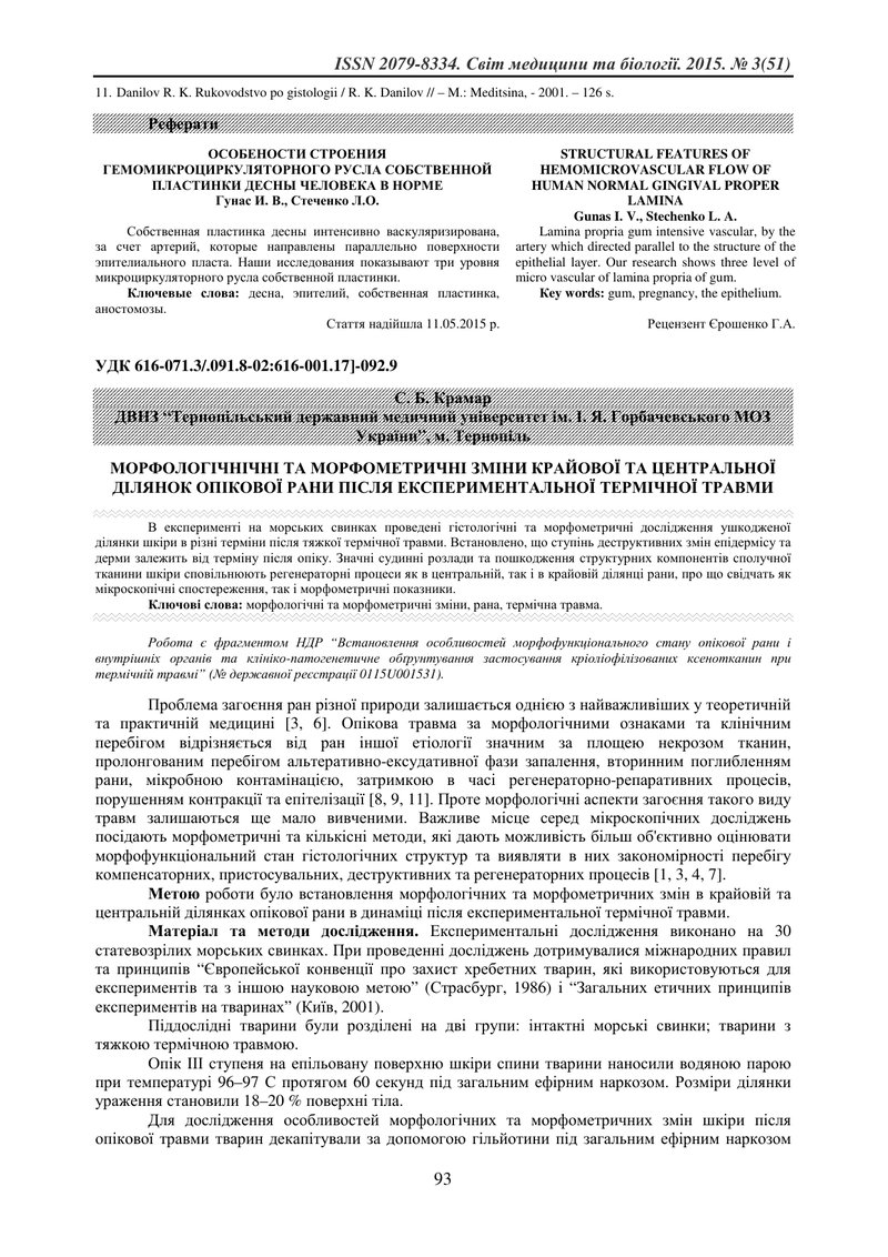 МОРФОЛОГІЧНІЧНІ ТА МОРФОМЕТРИЧНІ ЗМІНИ КРАЙОВОЇ ТА ЦЕНТРАЛЬНОЇ ДІЛЯНОК ОПІКОВОЇ РАНИ ПІСЛЯ ЕКСПЕРИМЕ