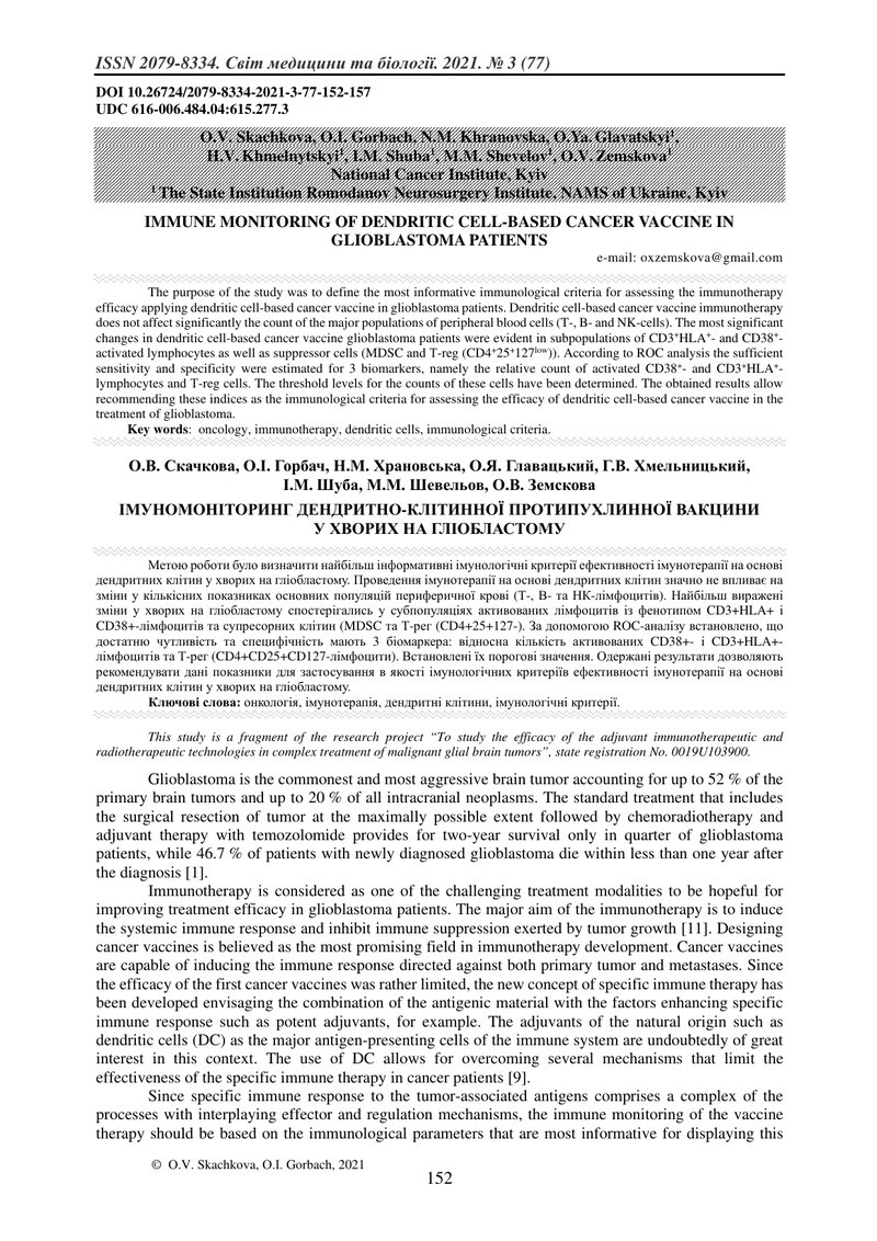 ІМУНОМОНІТОРИНГ ДЕНДРИТНО-КЛІТИННОЇ ПРОТИПУХЛИННОЇ ВАКЦИНИ У ХВОРИХ НА ГЛІОБЛАСТОМУ