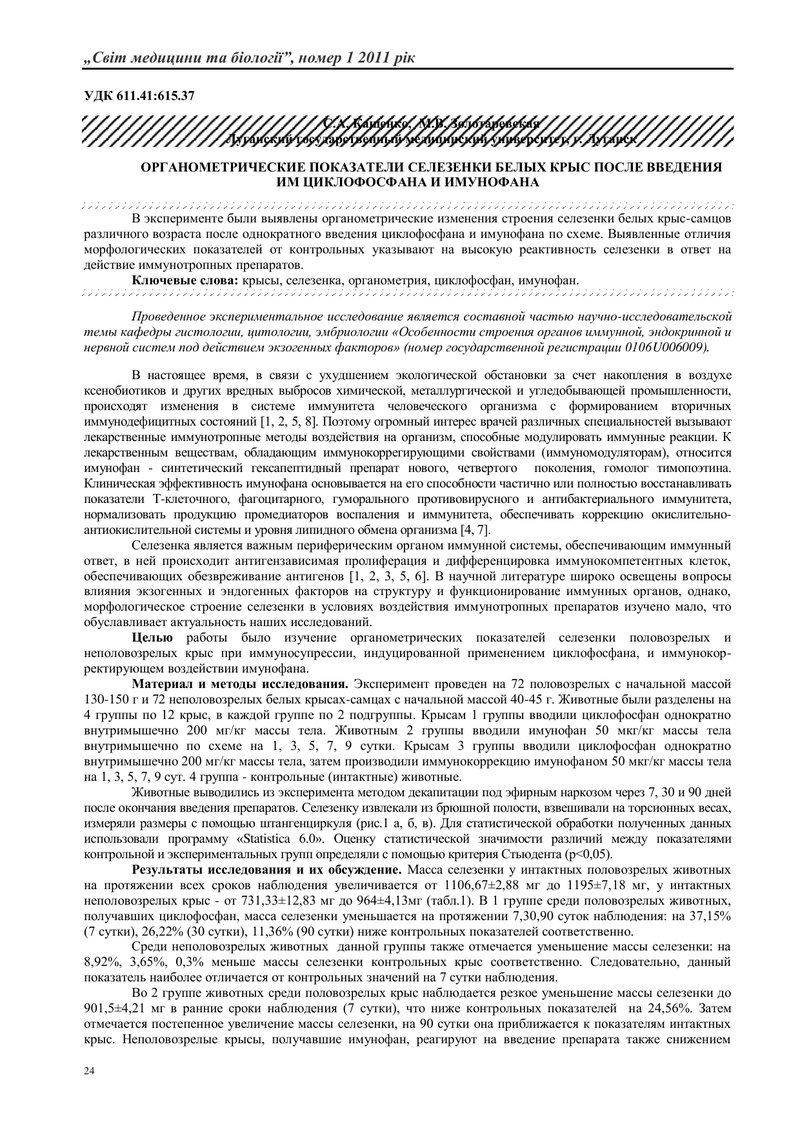 ОРГАНОМЕТРИЧНІ ПОКАЗНИКИ СЕЛЕЗІНКИ БІЛИХ ЩУРІВ ПІСЛЯ ВВЕДЕННЯ ЇМ ЦИКЛОФОСФАНУ ТА ІМУНОФАНУ