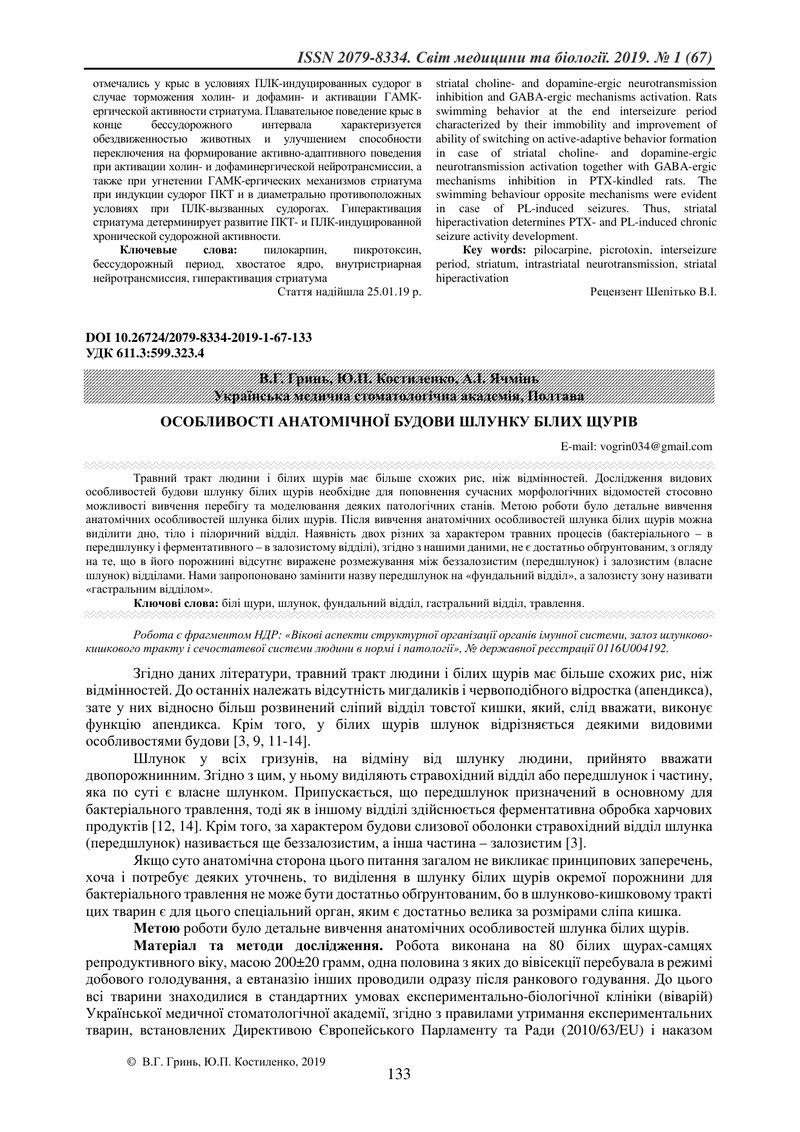 ОСОБЛИВОСТІ АНАТОМІЧНОЇ БУДОВИ ШЛУНКУ БІЛИХ ЩУРІВ