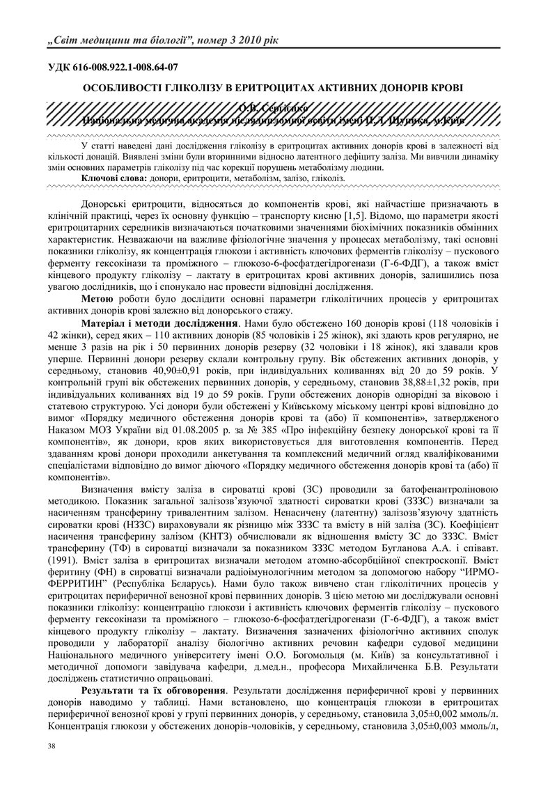 ОСОБЛИВОСТІ ГЛІКОЛІЗУ В ЕРИТРОЦИТАХ АКТИВНИХ ДОНОРІВ КРОВІ