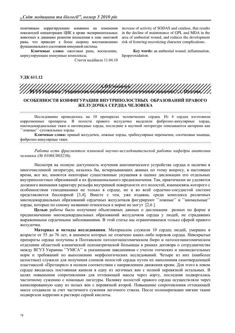 ОСОБЛИВОСТІ КОНФІГУРАЦІЇ ВНУТРІШНЬОПОРОЖНИННИХ УТВОРІВ ПРАВОГО ШЛУНОЧКА СЕРЦЯ ЛЮДИНИ