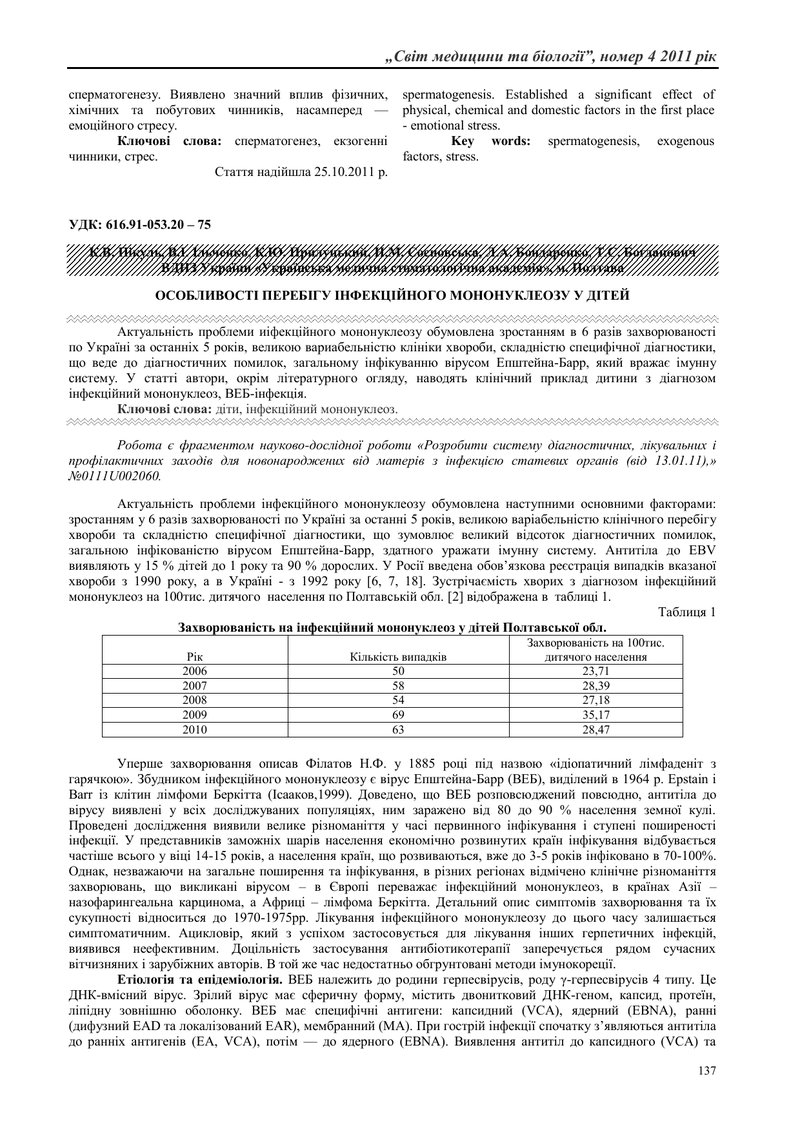 ОСОБЛИВОСТІ ПЕРЕБІГУ ІНФЕКЦІЙНОГО МОНОНУКЛЕОЗУ У ДІТЕЙ