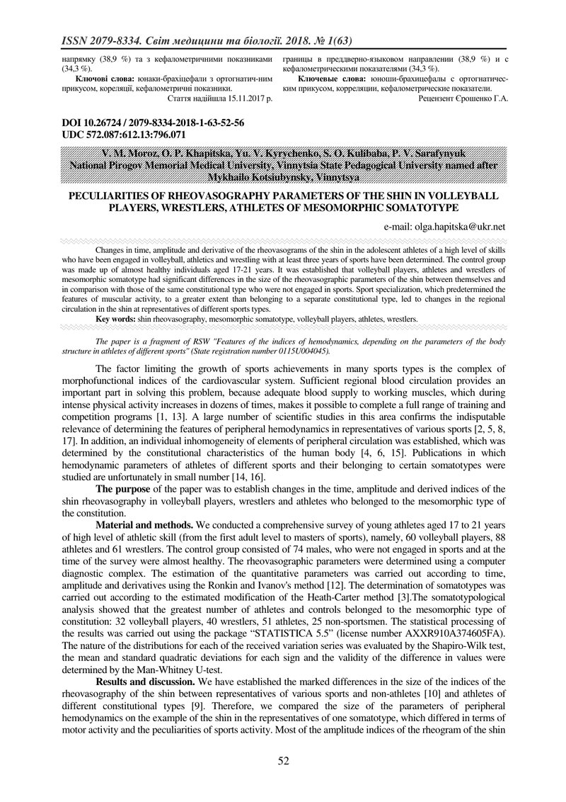 ОСОБЛИВОСТІ РЕОВАЗОГРАФІЧНИХ ПАРАМЕТРІВ ГОМІЛКИ У ВОЛЕЙБОЛІСТІВ, БОРЦІВ, ЛЕГКОАТЛЕТІВ МЕЗОМОРФНОГО С
