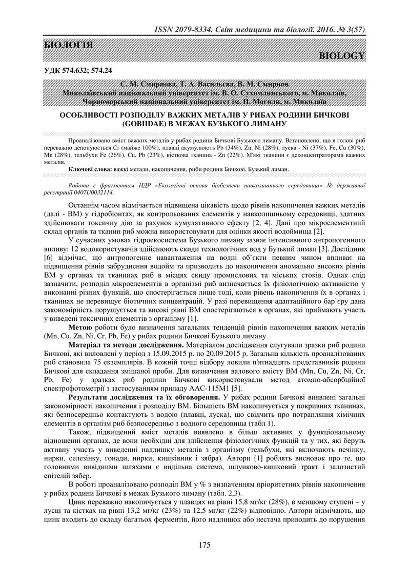 ОСОБЛИВОСТІ РОЗПОДІЛУ ВАЖКИХ МЕТАЛІВ У РИБАХ РОДИНИ БИЧКОВІ (GOBIIDAE) В МЕЖАХ БУЗЬКОГО ЛИМАНУ
