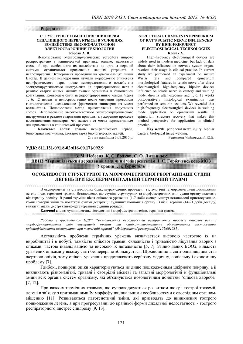 ОСОБЛИВОСТІ СТРУКТУРНОЇ ТА МОРФОМЕТРИЧНОЇ РЕОРГАНІЗАЦІЇ СУДИН ЛЕГЕНЬ ПРИ ЕКСПЕРИМЕНТАЛЬНІЙ ТЕРМІЧНІЙ