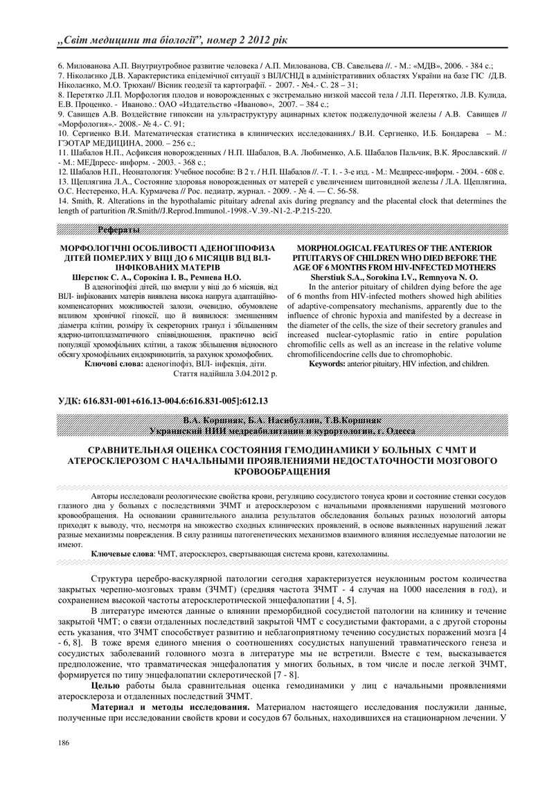 ПОРІВНЯЛЬНА ОЦІНКА СТАНУ ГЕМОДИНАМІКИ У ХВОРИХ  З ЧМТ І АТЕРОСКЛЕРОЗОМ   З ПОЧАТКОВИМИ ПРОЯВАМИ НЕДО