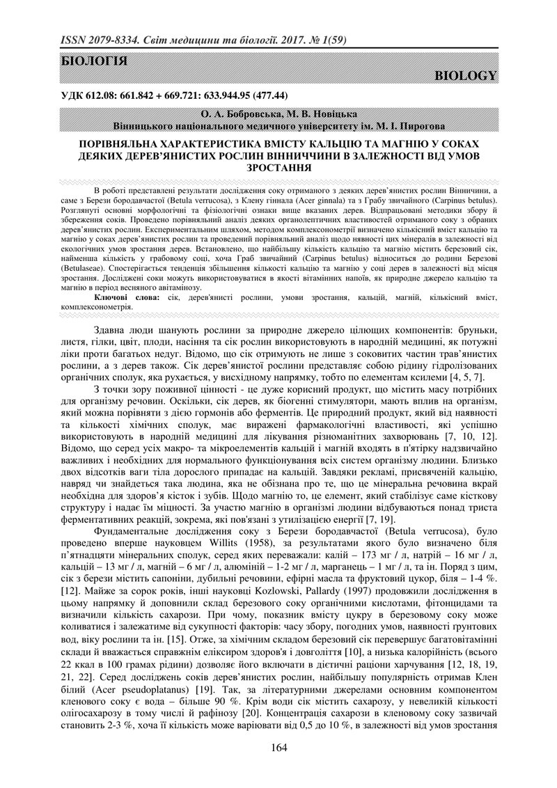 ПОРІВНЯЛЬНА ХАРАКТЕРИСТИКА ВМІСТУ КАЛЬЦІЮ ТА МАГНІЮ У СОКАХ ДЕЯКИХ ДЕРЕВ’ЯНИСТИХ РОСЛИН ВІННИЧЧИНИ В
