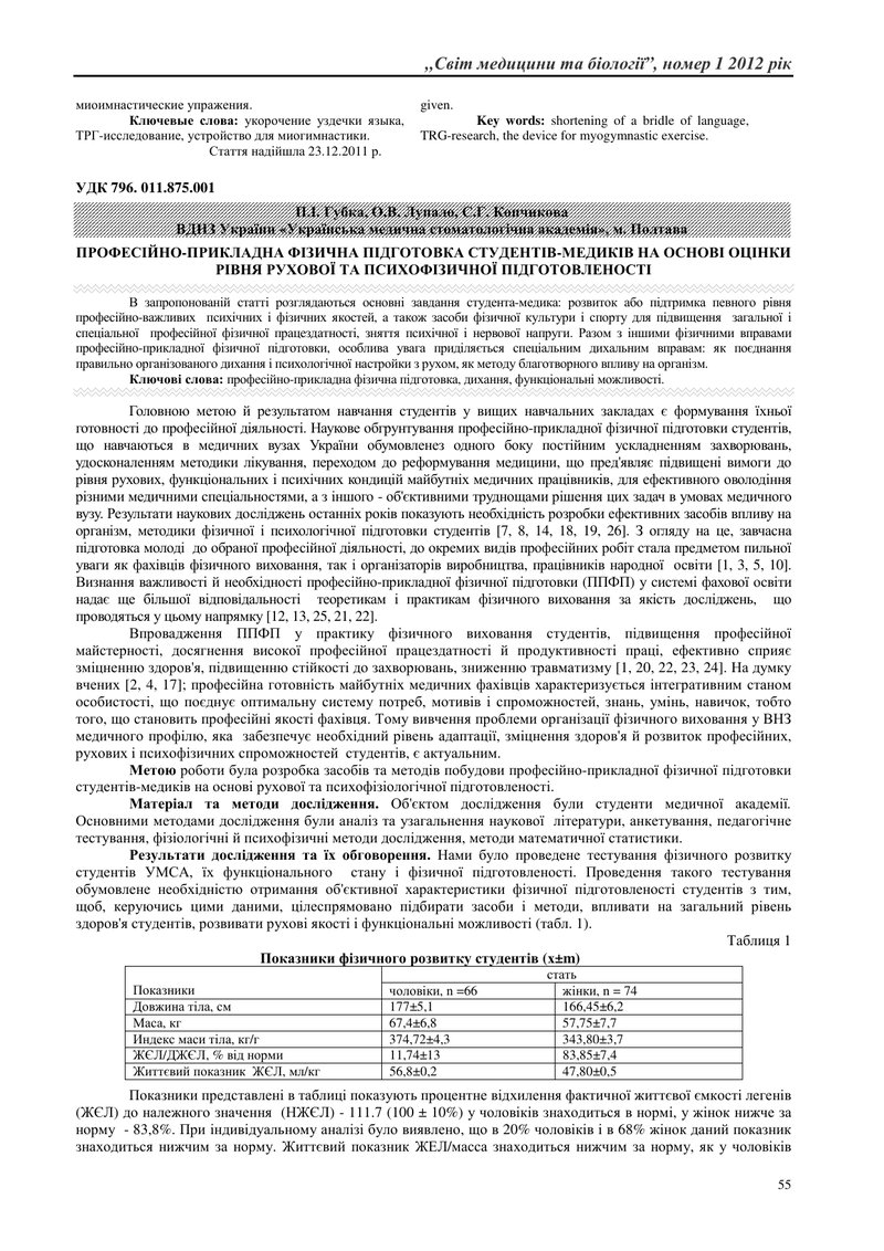 ПРОФЕСІЙНО-ПРИКЛАДНА ФІЗИЧНА ПІДГОТОВКА СТУДЕНТІВ-МЕДИКІВ НА ОСНОВІ ОЦІНКИ РІВНЯ РУХОВОЇ ТА ПСИХОФІЗ