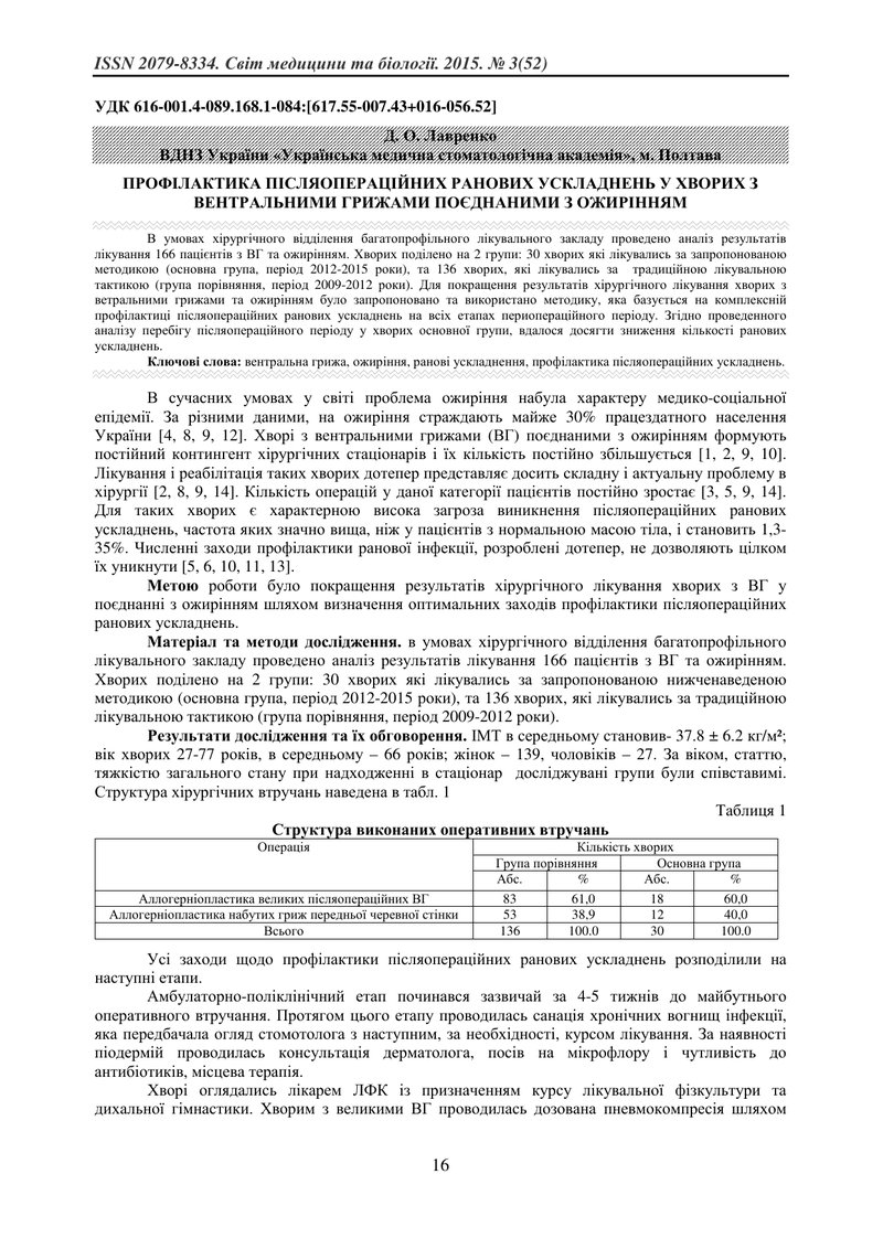 ПРОФІЛАКТИКА ПІСЛЯОПЕРАЦІЙНИХ РАНОВИХ УСКЛАДНЕНЬ У ХВОРИХ З ВЕНТРАЛЬНИМИ ГРИЖАМИ ПОЄДНАНИМИ З ОЖИРІН