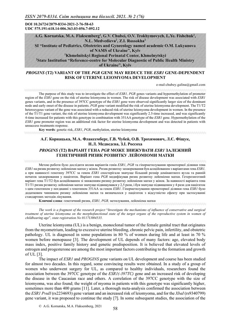 PROGINS (T2) ВАРІАНТ ГЕНА PGR МОЖЕ ЗНИЖУВАТИ ESR1 ЗАЛЕЖНИЙ ГЕНЕТИЧНИЙ РИЗИК РОЗВИТКУ ЛЕЙОМІОМИ МАТКИ