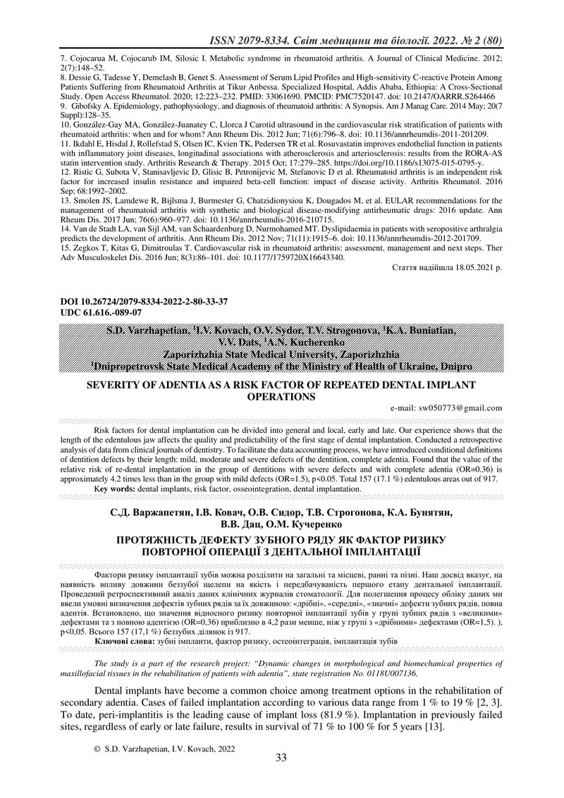 ПРОТЯЖНІСТЬ ДЕФЕКТУ ЗУБНОГО РЯДУ ЯК ФАКТОР РИЗИКУ ПОВТОРНОЇ ОПЕРАЦІЇ З ДЕНТАЛЬНОЇ ІМПЛАНТАЦІЇ