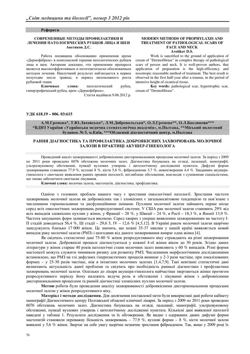 РАННЯ ДІАГНОСТИКА ТА ПРОФІЛАКТИКА ДОБРОЯКІСНИХ ЗАХВОРЮВАНЬ МОЛОЧНОЇ ЗАЛОЗИ В ПРАКТИЦІ АКУШЕР-ГІНЕКОЛ