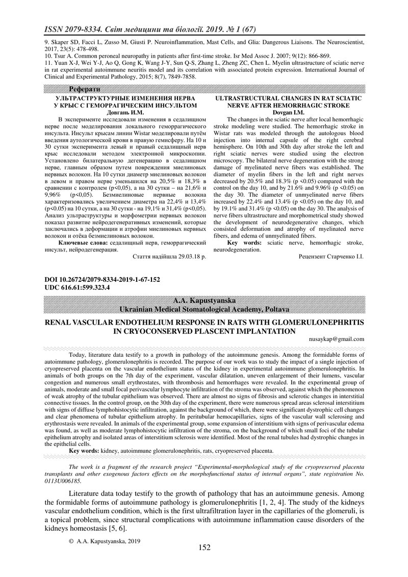 РЕАКЦІЯ СУДИННОГО ЕНДОТЕЛІЮ НИРОК  У ЩУРІВ З ГЛОМЕРУЛОНЕФРИТОМ  ПРИ ВВЕДЕННІ КРІОКОНСЕРВОВАНОЇ ПЛАЦ