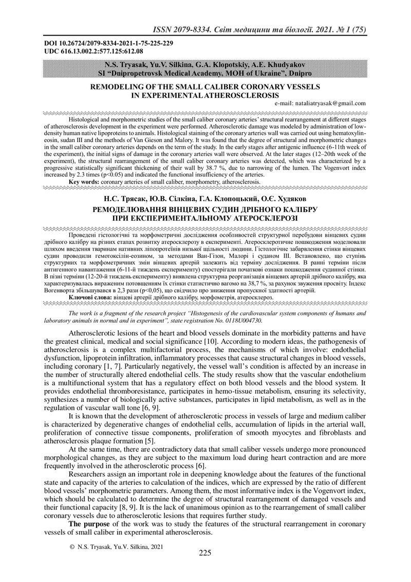 РЕМОДЕЛЮВАННЯ ВІНЦЕВИХ СУДИН ДРІБНОГО КАЛІБРУ  ПРИ ЕКСПЕРИМЕНТАЛЬНОМУ АТЕРОСКЛЕРОЗІ