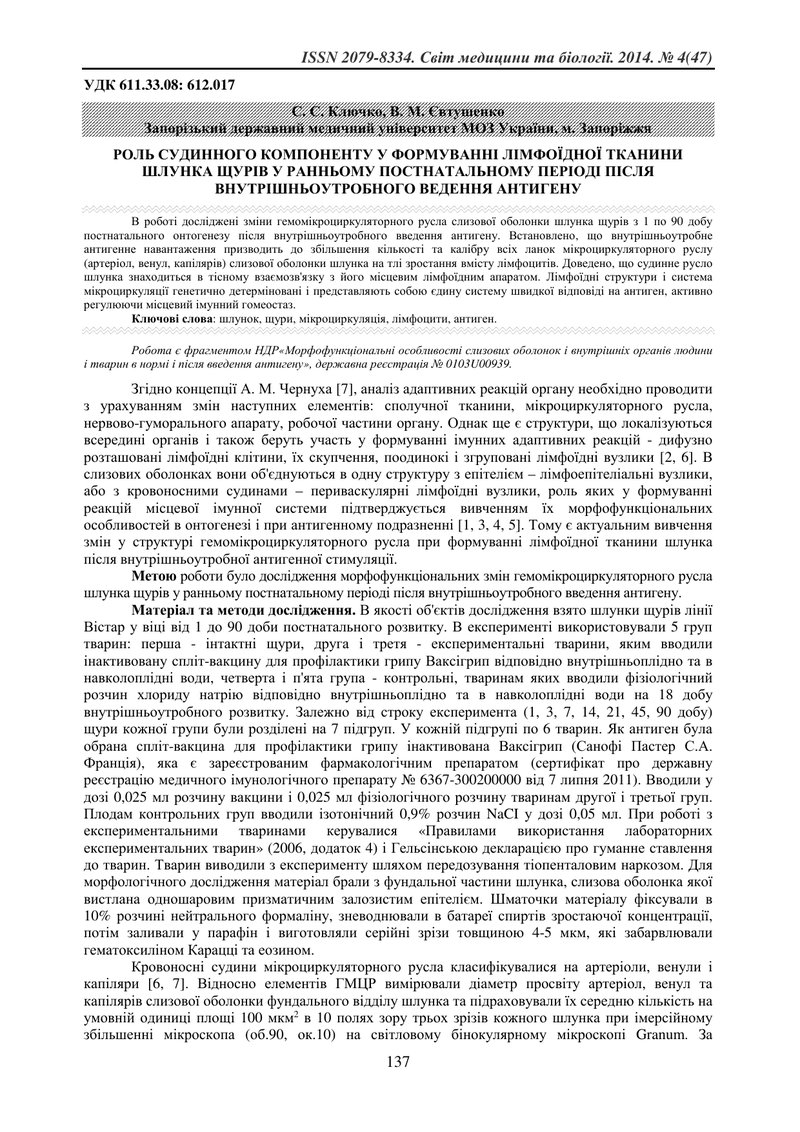 РОЛЬ СУДИННОГО КОМПОНЕНТУ У ФОРМУВАННІ ЛІМФОЇДНОЇ ТКАНИНИ ШЛУНКА ЩУРІВ У РАННЬОМУ ПОСТНАТАЛЬНОМУ ПЕР