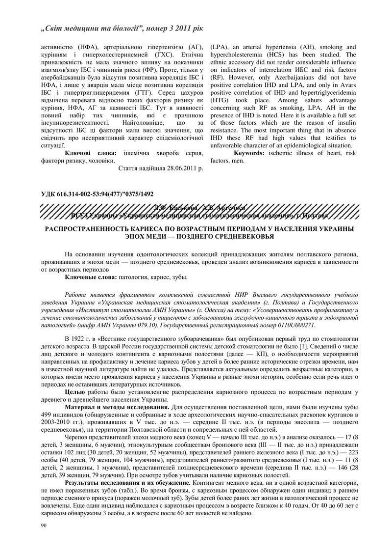РОЗПОДІЛ КАРІЄСУ ЗА ВІКОВИМИ ГРУПАМИ У НАСЕЛЕННЯ УКРАЇНИ ЕПОХ МІДІ — ПІЗДНЬОГО СЕРЕДНЬОВІЧЧЯ