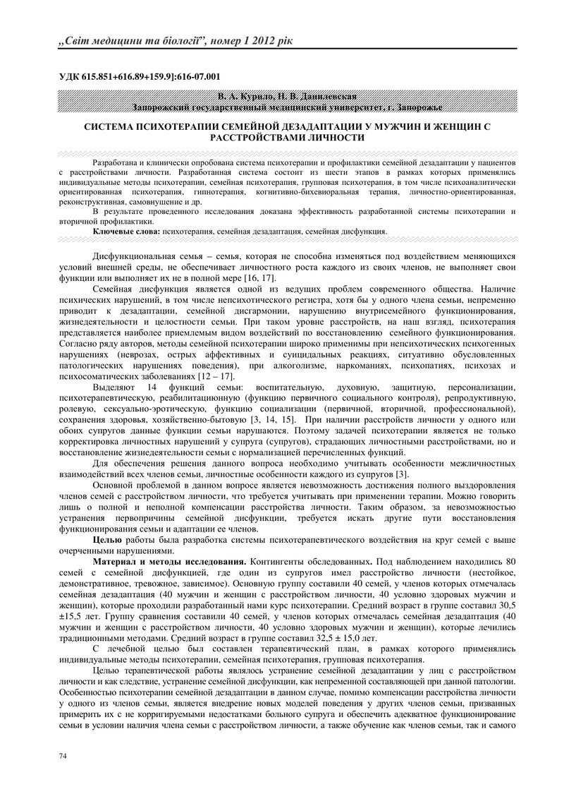 СИСТЕМА ПСИХОТЕРАПІЇ СІМЕЙНОЇ ДЕЗАДАПТАЦІЇ У ЧОЛОВІКІВ І ЖІНОК З РОЗЛАДАМИ ОСОБИ
