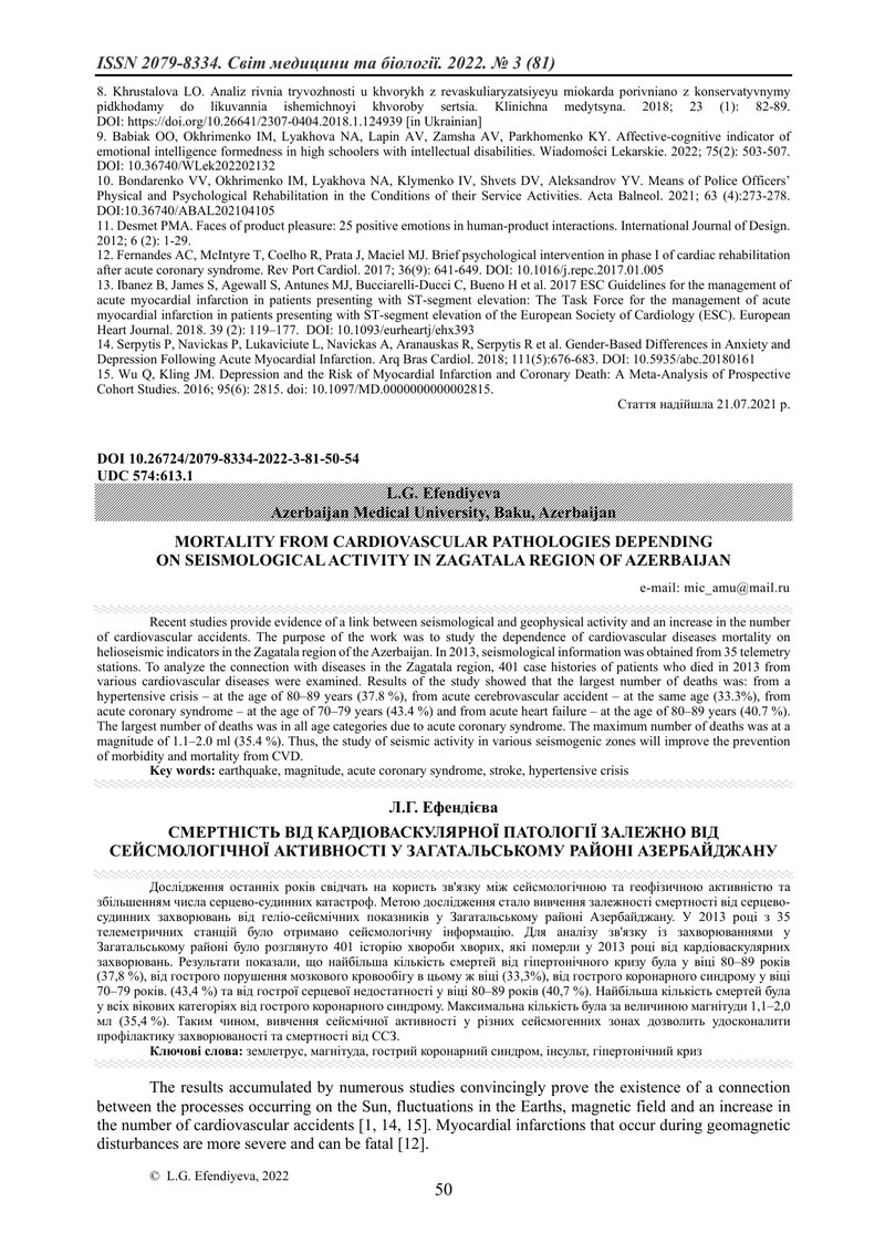 СМЕРТНІСТЬ ВІД КАРДІОВАСКУЛЯРНОЇ ПАТОЛОГІЇ ЗАЛЕЖНО ВІД СЕЙСМОЛОГІЧНОЇ АКТИВНОСТІ У ЗАГАТАЛЬСЬКОМУ РА