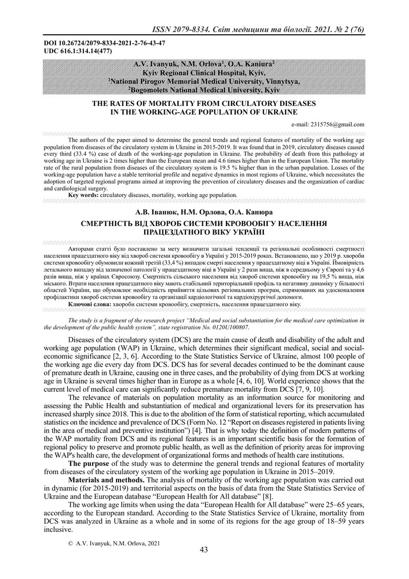 СМЕРТНІСТЬ ВІД ХВОРОБ СИСТЕМИ КРОВООБІГУ НАСЕЛЕННЯ  ПРАЦЕЗДАТНОГО ВІКУ УКРАЇНІ