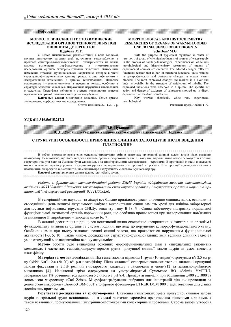 СТРУКТУРНІ ОСОБЛИВОСТІ ПРИВУШНИХ СЛИННИХ ЗАЛОЗ ЩУРІВ ПІСЛЯ ВВЕДЕННЯ ПЛАТИФІЛІНУ