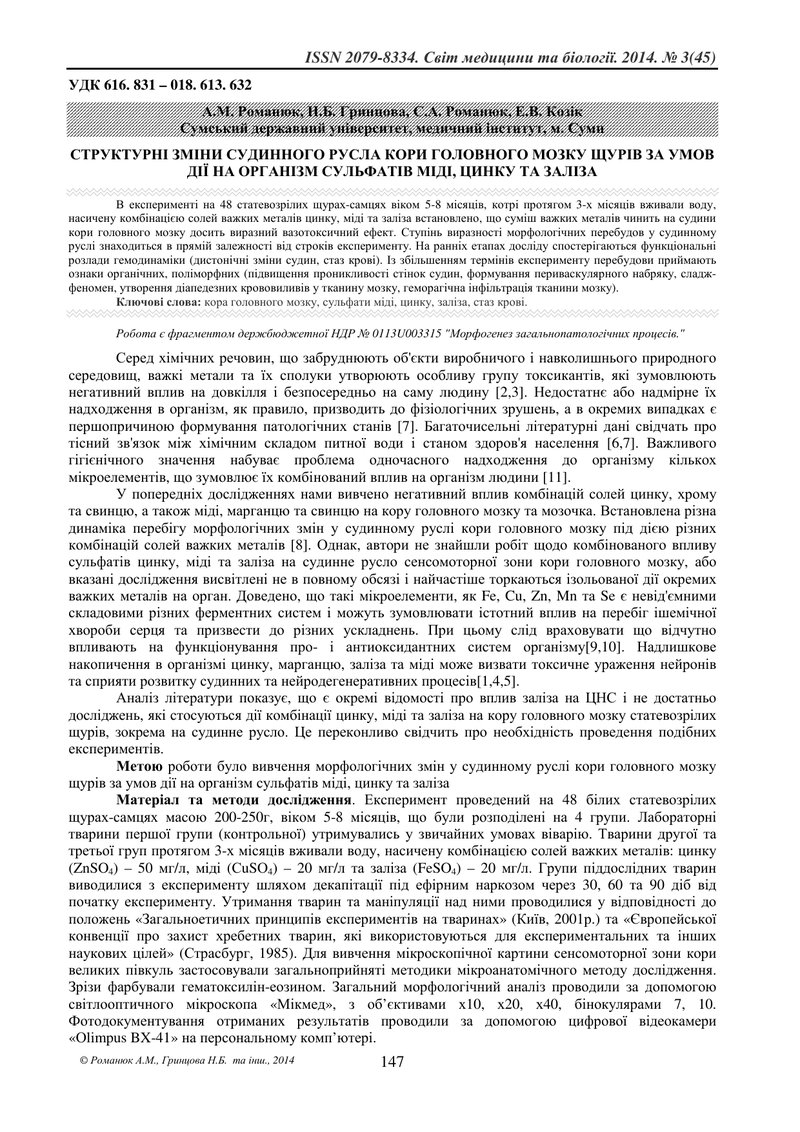 СТРУКТУРНІ ЗМІНИ СУДИННОГО РУСЛА КОРИ ГОЛОВНОГО МОЗКУ ЩУРІВ ЗА УМОВ ДІЇ НА ОРГАНІЗМ СУЛЬФАТІВ МІДІ, 