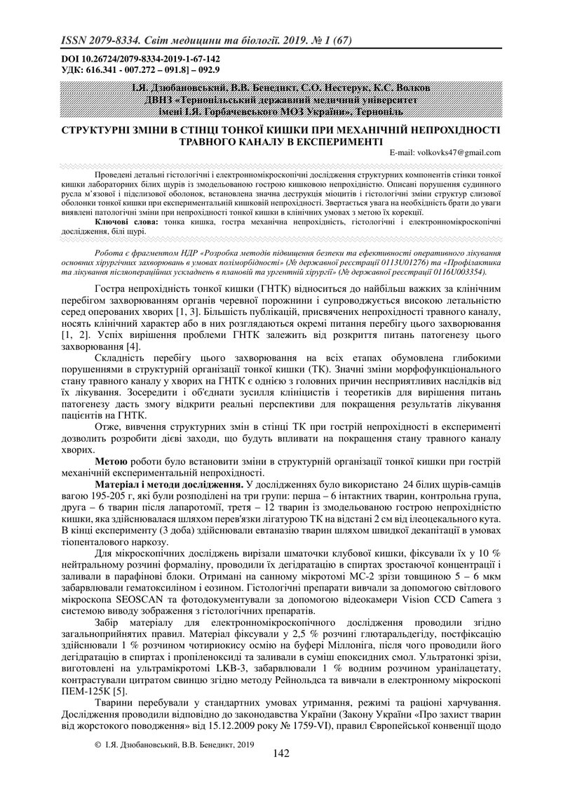 СТРУКТУРНІ ЗМІНИ В СТІНЦІ ТОНКОЇ КИШКИ ПРИ МЕХАНІЧНІЙ НЕПРОХІДНОСТІ ТРАВНОГО КАНАЛУ В ЕКСПЕРИМЕНТІ