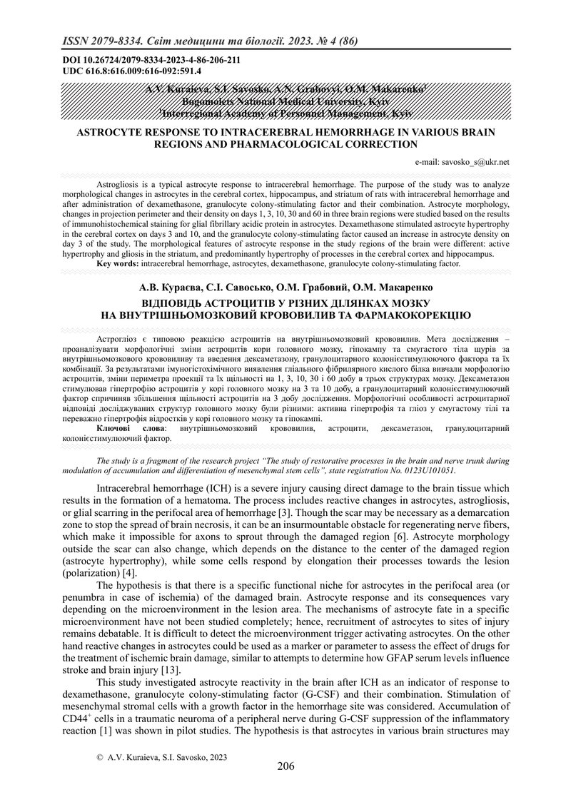 ВІДПОВІДЬ АСТРОЦИТІВ У РІЗНИХ ДІЛЯНКАХ МОЗКУ  НА ВНУТРІШНЬОМОЗКОВИЙ КРОВОВИЛИВ ТА ФАРМАКОКОРЕКЦІЮ