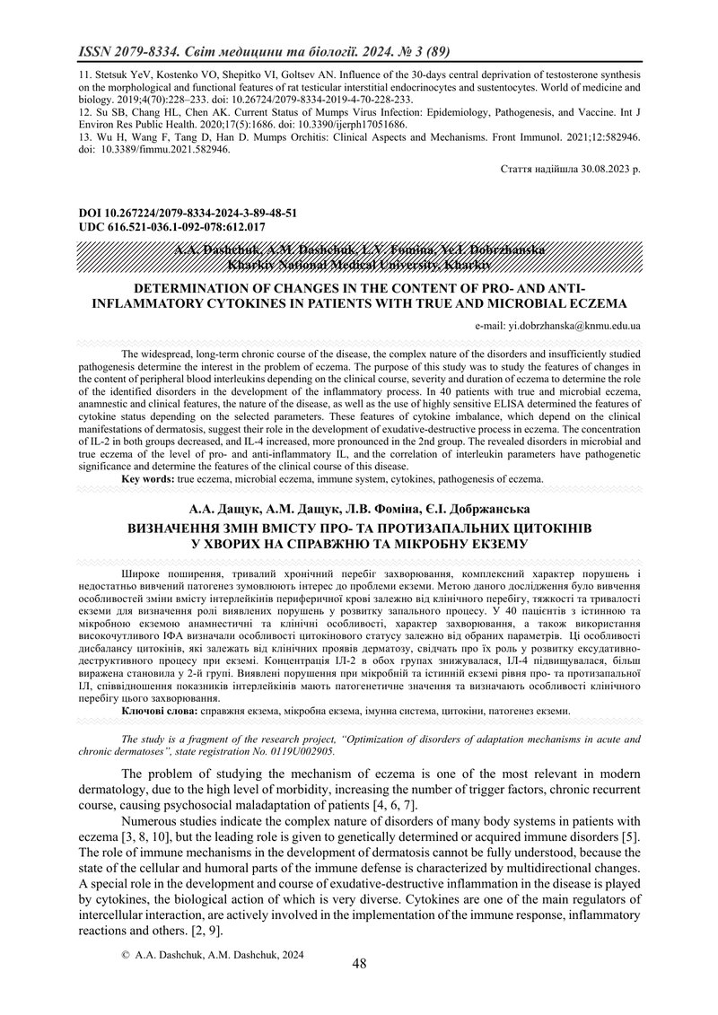 ВИЗНАЧЕННЯ ЗМІН ВМІСТУ ПРО- ТА ПРОТИЗАПАЛЬНИХ ЦИТОКІНІВ  У ХВОРИХ НА СПРАВЖНЮ ТА МІКРОБНУ ЕКЗЕМУ