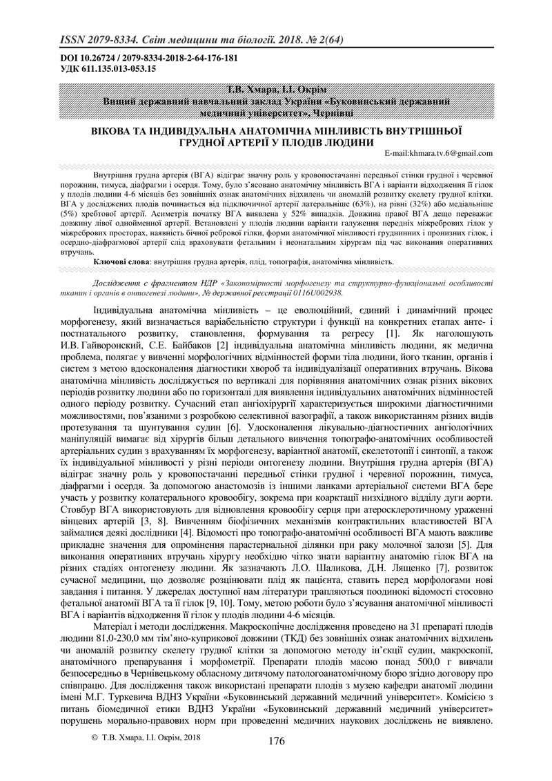 ВІКОВА ТА ІНДИВІДУАЛЬНА АНАТОМІЧНА МІНЛИВІСТЬ ВНУТРІШНЬОЇ ГРУДНОЇ АРТЕРІЇ У ПЛОДІВ ЛЮДИНИ