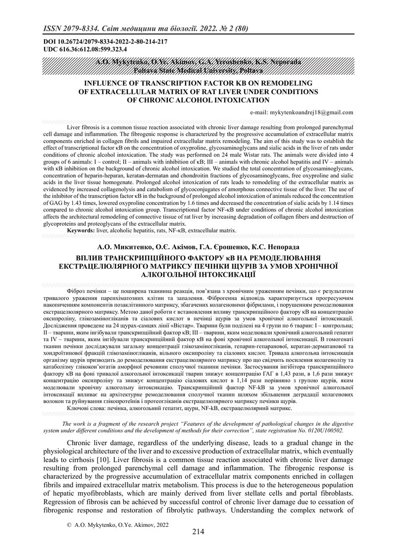 ВПЛИВ ТРАНСКРИПЦІЙНОГО ФАКТОРУ κB НА РЕМОДЕЛЮВАННЯ ЕКСТРАЦЕЛЮЛЯРНОГО МАТРИКСУ ПЕЧІНКИ ЩУРІВ ЗА УМОВ 